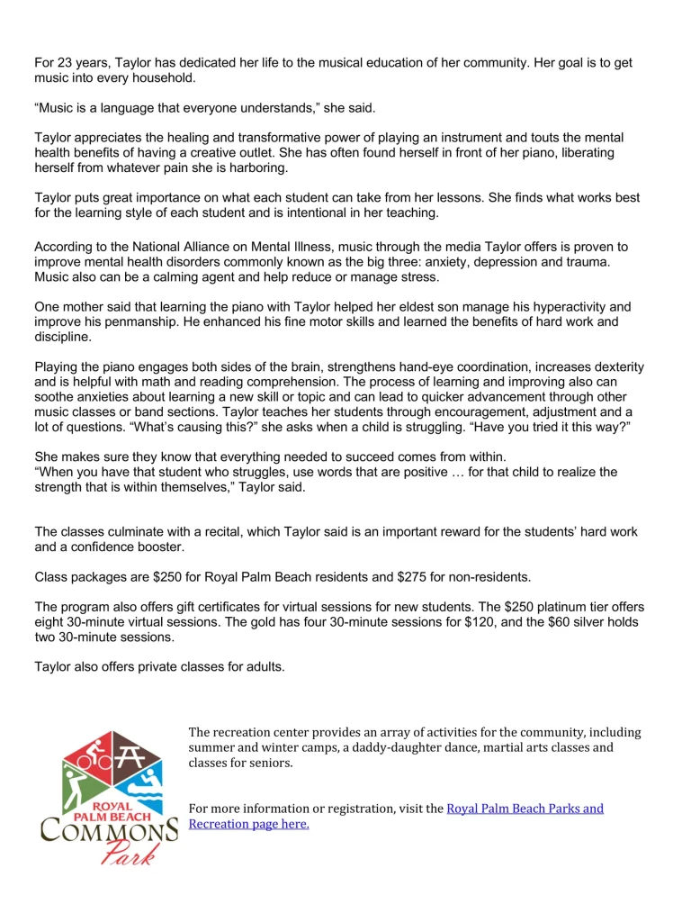 A screenshot of an article about The Vivia Taylor Music Program by the Palms West Journal.