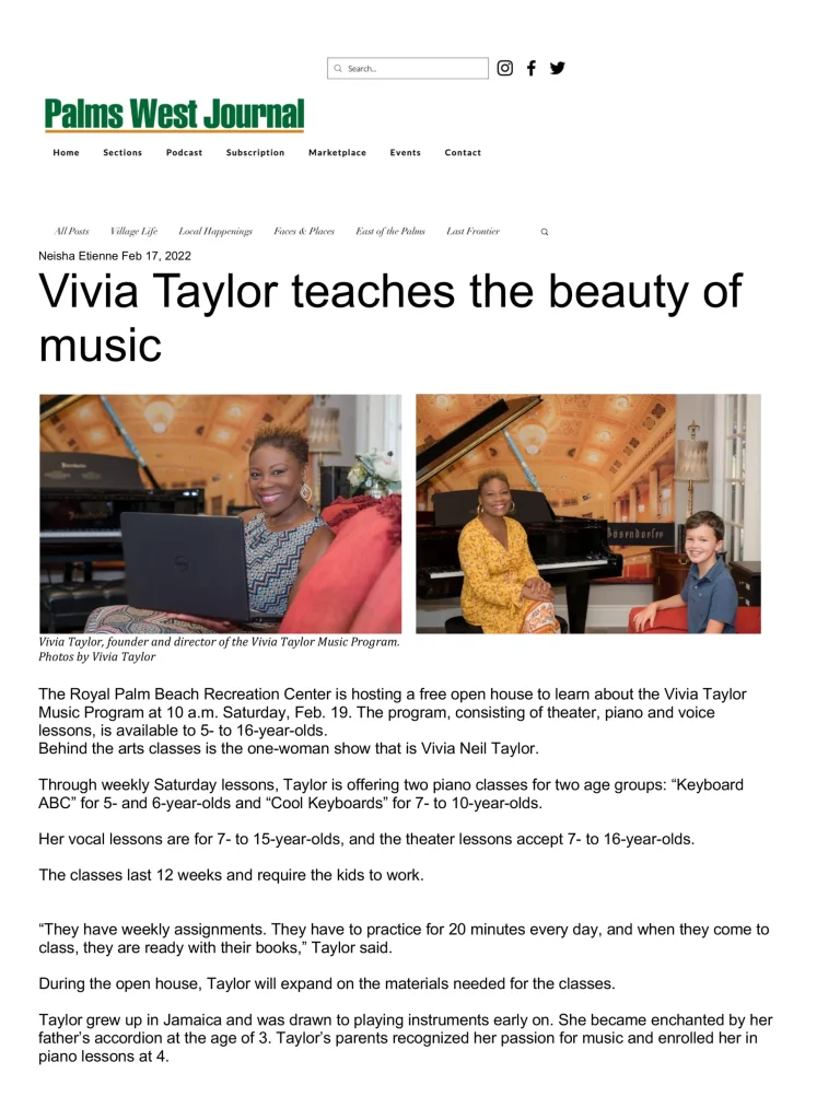 A screenshot of an article about The Vivia Taylor Music Program by the Palms West Journal.