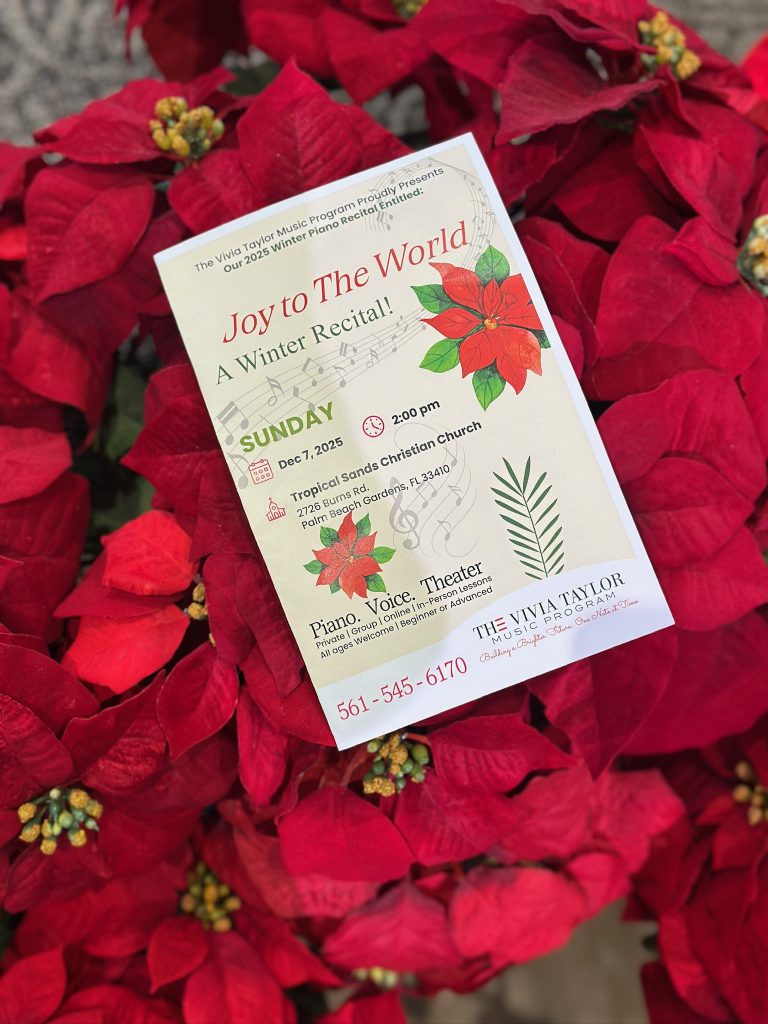 A flyer for The Vivia Taylor Music Program's 2025 Winter Recital set on poinsettia flowers.